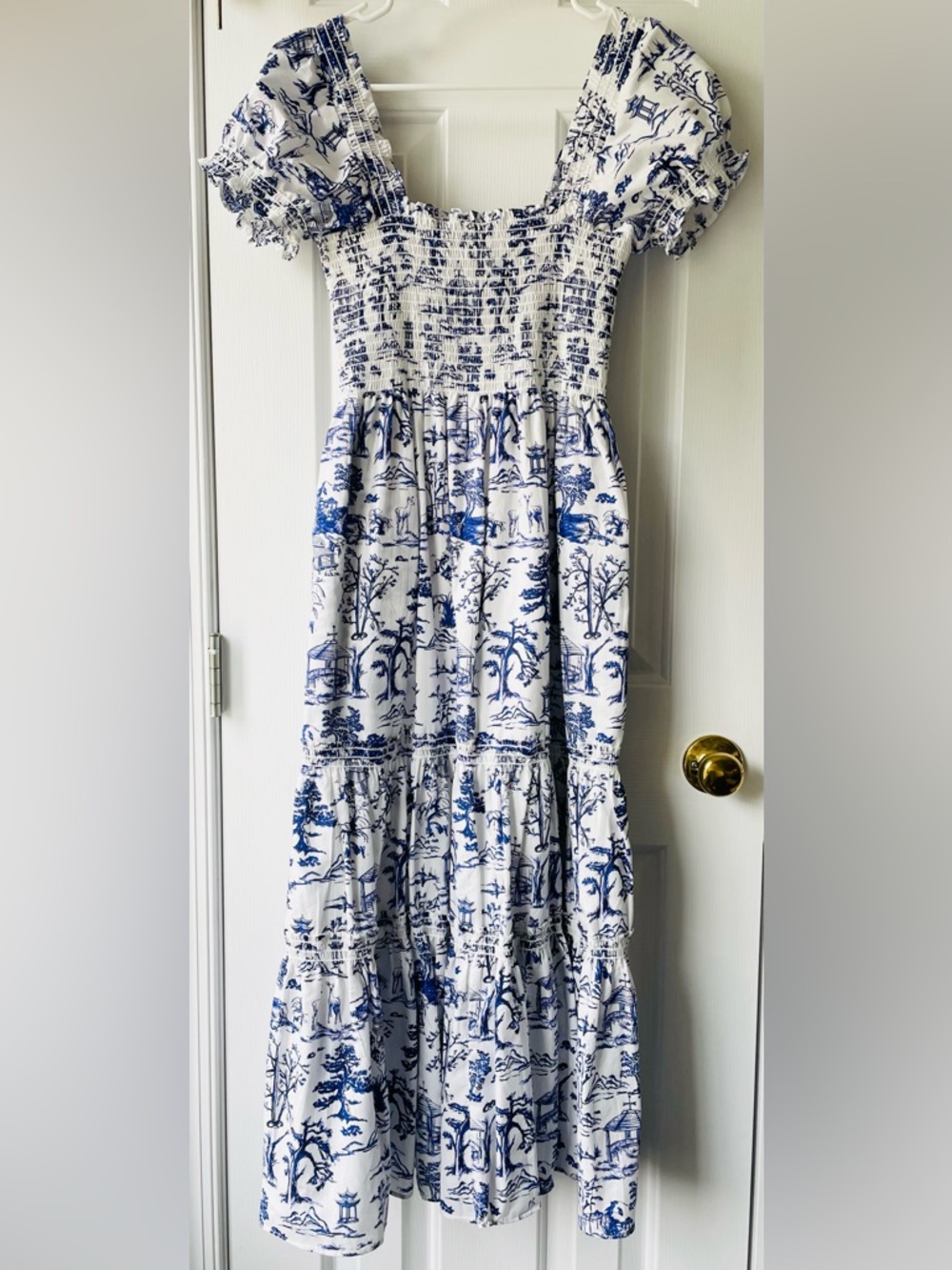 Blue & White Floral Maxi Dress with Smocked Bodice